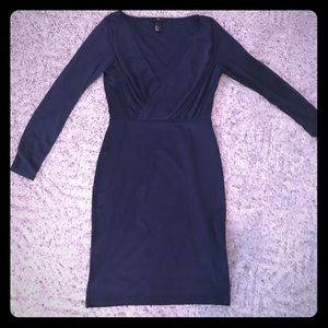 Long sleeve navy dress.